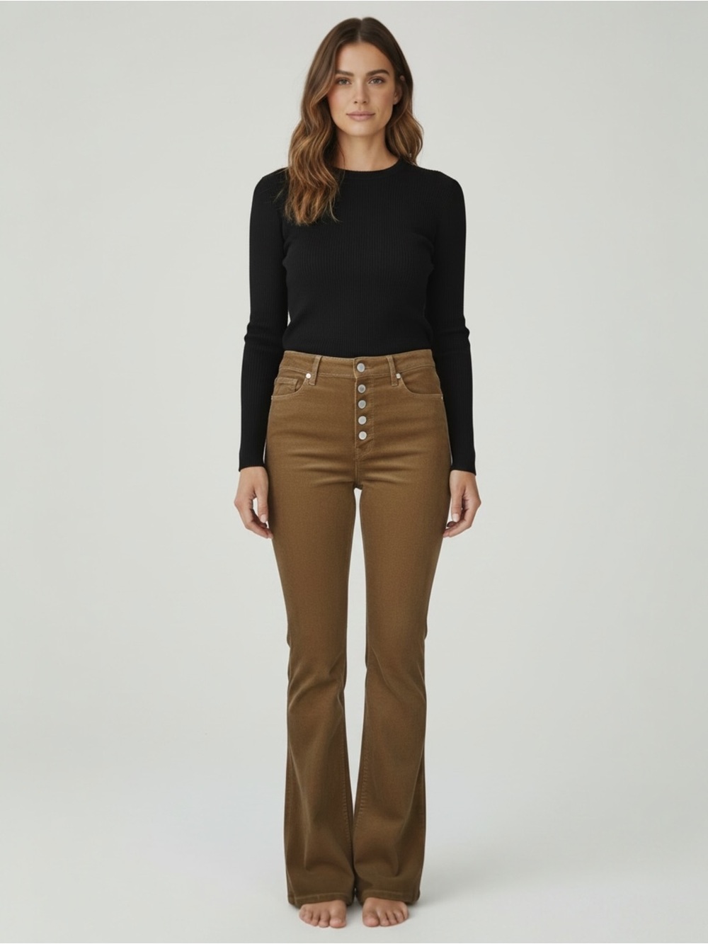 Vanilla Star Brown High-Rise Bootcut Flare Fine Whale Corduroy Jeans